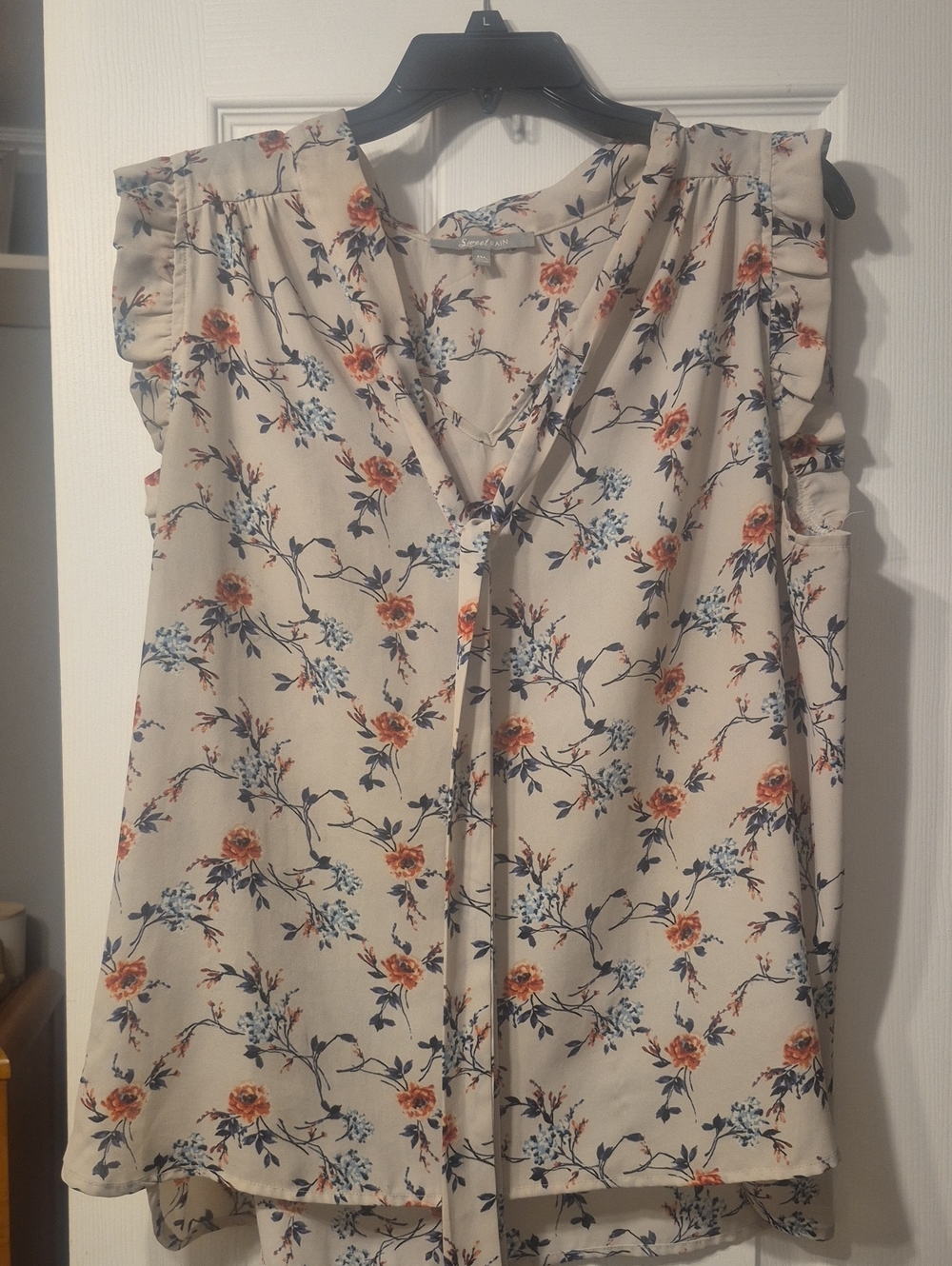 Sweet Rain Cream Floral Tie-Neck Ruffle Sleeve Blouse